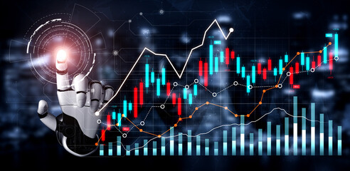 A robotic hand interacts with dynamic stock market data, illustrating the integration of artificial intelligence and advanced technology in financial analytics and trading. Scalp