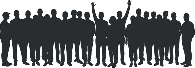 A diverse group of people silhouettes standing together with one person raising a hand in black and white minimalist vector style, ideal for community events and social themes