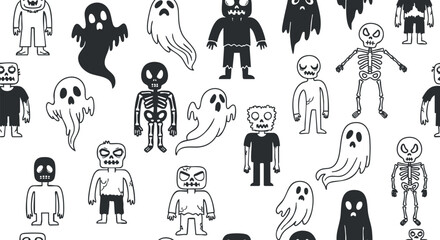 A collection of cute cartoon monsters, ghosts, and skeletons in black and white outline vector style, perfect for Halloween decorations and kids' party themes