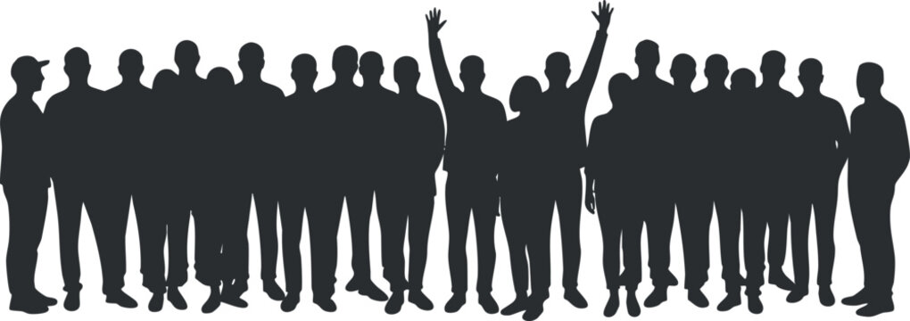 A diverse group of people silhouettes standing together with one person raising a hand in black and white minimalist vector style, ideal for community events and social themes