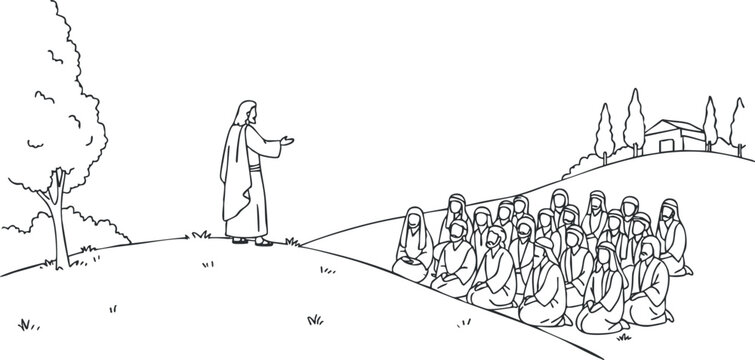 A scene of Jesus teaching a crowd of people in minimalist line art vector style, suitable for religious illustrations and educational purposes