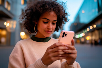 Young African American woman standing and using a cell phone in the financial district of a city