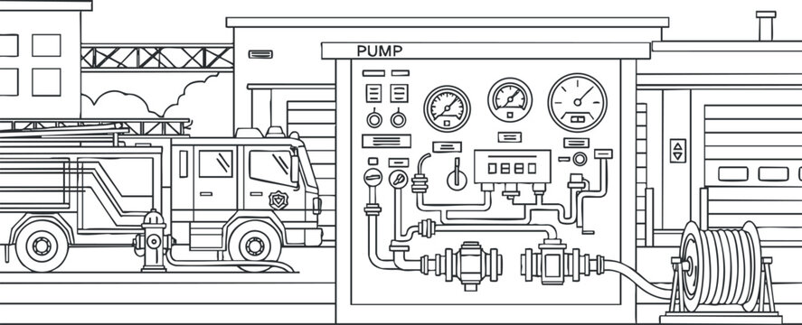A fire truck and control panel with hoses in detailed outline vector style, ideal for emergency services graphics