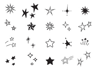手描き風の星・きらきら素材セット　かわいいフリーハンドの星形バリエーション｜星, ベクター, イラスト, 黒, 白背景, 装飾