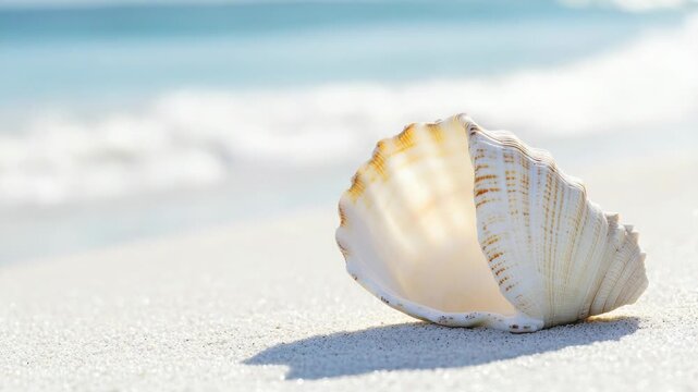 Video A shell found on a sandy beach with the ocean in the background