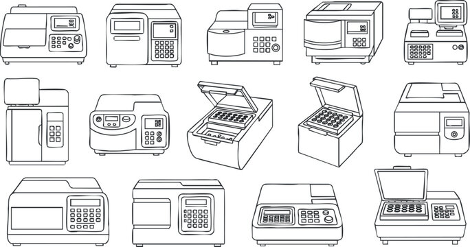 A collection of various kitchen appliances including microwaves, blenders, and toasters in black and white outline vector style, ideal for culinary design projects