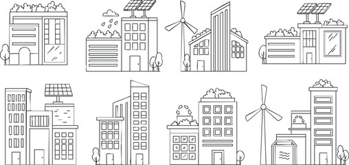 A collection of eco-friendly buildings featuring solar panels and wind turbines in minimalist outline vector style, perfect for urban sustainability projects