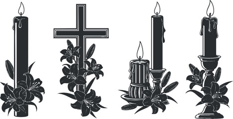 A collection of decorative candles with flowers and a cross in black and white vector style, suitable for memorial and spiritual designs