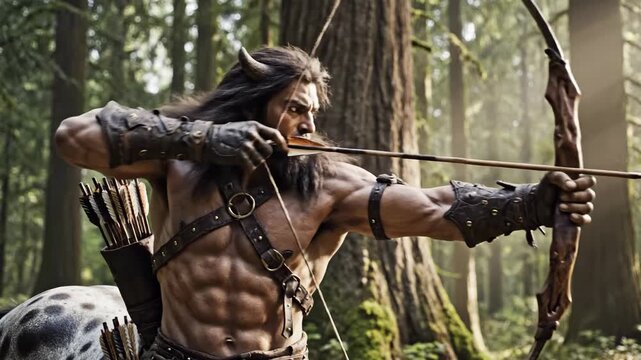 A horned, muscular centaur draws back a bow in a lush forest, aiming the arrow