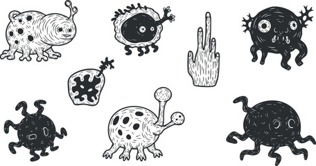 A set of quirky cartoon monsters and germs in playful black and white hand-drawn vector style, ideal for children's book illustrations