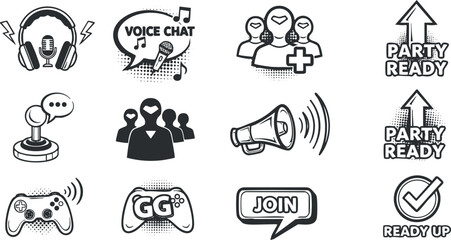 A collection of gaming and voice chat icons in black and white vector style, ideal for online gaming platforms and community branding