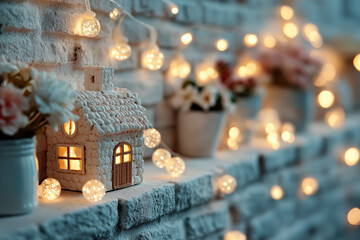 Maison de No&euml;l miniature lumineuse sur une tablette en brique blanche, entour&eacute;e de guirlandes lumineuses, de fleurs pastel et d'une ambiance hivernale chaleureuse