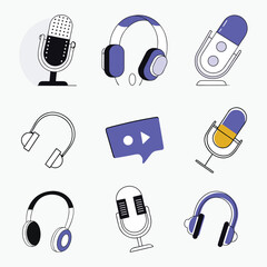 Podcast, Audio Recording, and Headphone Vector Icons