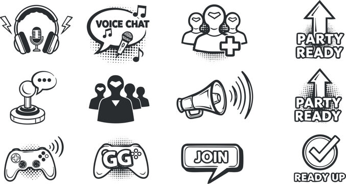 A collection of gaming and voice chat icons in black and white vector style, ideal for online gaming platforms and community branding