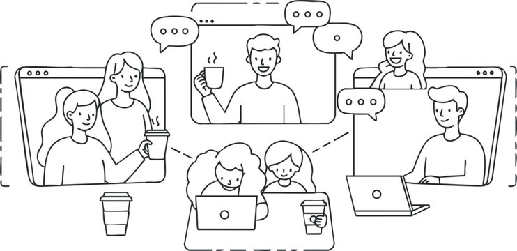 A group of people engaging in a virtual meeting with laptops and coffee cups in an outline vector style, ideal for digital communication themes