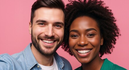 Happy young interracial couple smiling and taking a selfie. Close-up portrait of a Caucasian man and a Black woman in love against a pink background