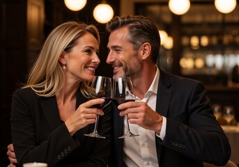 Romantic couple toasting with red wine in a restaurant. Happy man and woman looking at each other during a dinner date. Celebration of love and anniversary concept