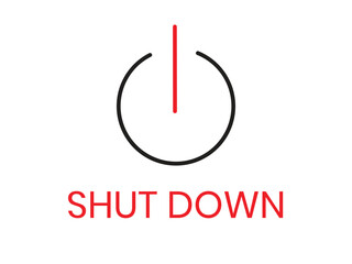 Shutdown power symbol with bold red text on clean white board