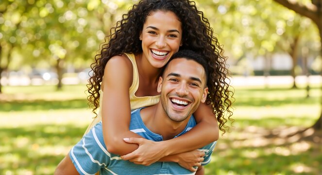 Happy young couple laughing in a park. Man giving his girlfriend a piggyback ride outdoors. Joyful relationship and love concept