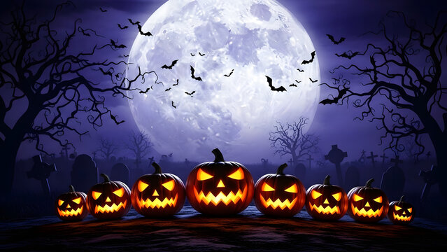 Halloween night scene with carved pumpkins spooky trees and a full moon perfect for holiday backgrou