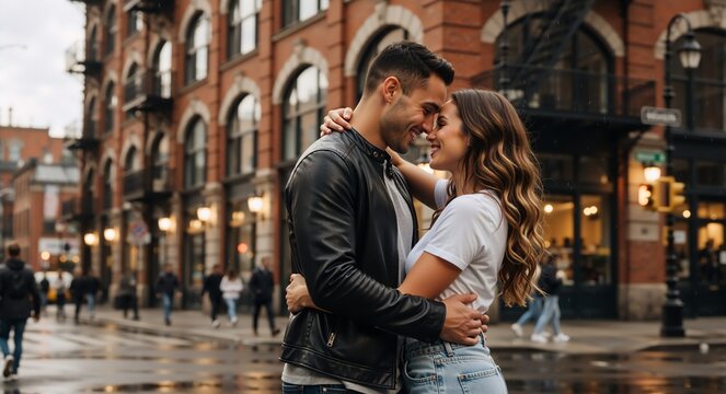 Romantic young couple embracing on a wet city street in the rain. Happy man and woman looking at each other with affection. Love and relationship concept