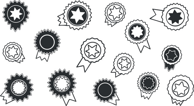 A collection of award badges with stars and ribbons in monochrome outline vector style, ideal for achievement recognition and branding