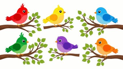 Colorful Cartoon Birds on Branches with Green Leaves