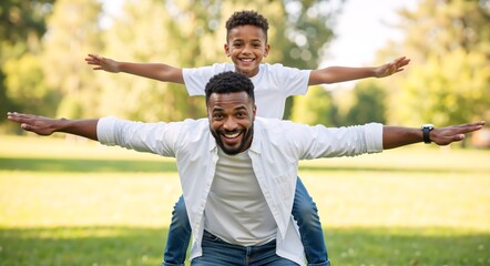 Happy african american father giving his son a piggyback ride in the park. Joyful family playing together outdoors with arms outstretched