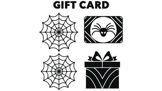 Black and white halloween themed gift card with spiderwebs and a gift