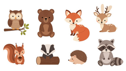 Fototapeta premium Adorable cartoon forest animals set on white background.