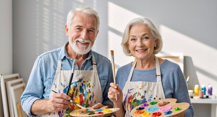 Happy senior couple painting together in an art studio. Elderly man and woman with paintbrushes and palettes enjoying a creative hobby. Active retirement and lifelong learning concept