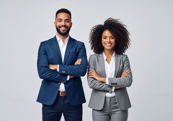 Confident diverse business colleagues smiling together. Professional man and woman team portrait with arms crossed on a grey background