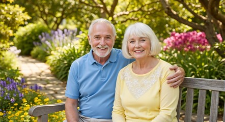 Happy senior couple smiling together on a park bench. Portrait of a retired man and woman enjoying leisure time in a sunny garden