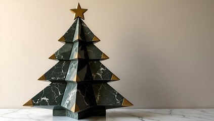 Elegant geometric Christmas tree sculpture carved from dark marble with gold accents.