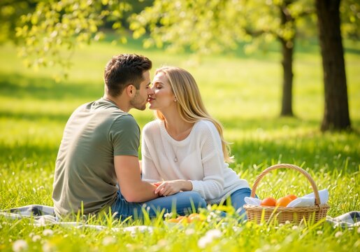 Romantic young couple kissing on a picnic in the park. Man and woman in love enjoying a date outdoors on a sunny summer day - Powered by Adobe