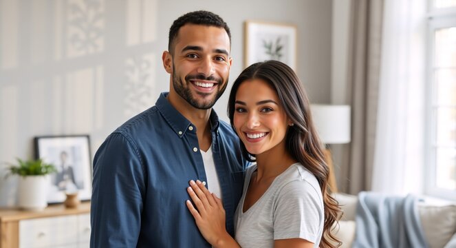 Happy young multiracial couple smiling at the camera in their home. Portrait of an affectionate husband and wife embracing in a modern living room - Powered by Adobe