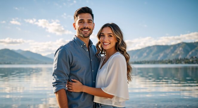 A happy young couple smiling for a portrait by a scenic lake. Man and woman embracing outdoors on a summer vacation with mountains in the background
