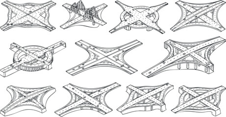 Fototapeta premium A set of architectural bridge design illustrations in detailed outline vector style, suitable for engineering projects and technical presentations