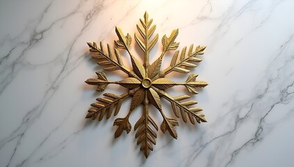 Gilded snowflake ornament on marble surface for holiday home decor and winter themed scene.