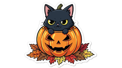Cute black cat peeking out of a Halloween pumpkin with leaves.