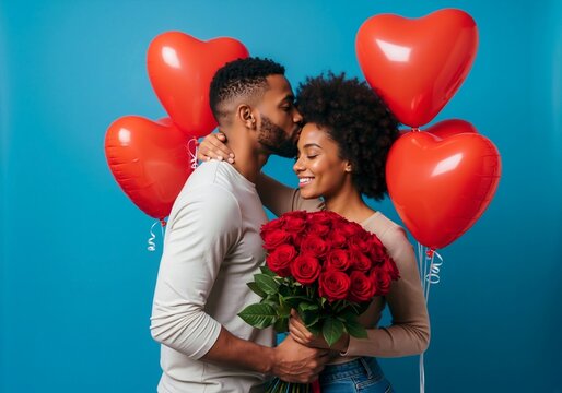 Romantic african american couple celebrating valentine's day. Man kissing woman holding a bouquet of red roses and heart balloons. Love and affection concept on a blue background