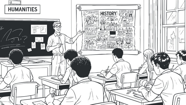 A classroom scene with a teacher presenting a history lesson to engaged students in black and white outline vector style, ideal for educational materials