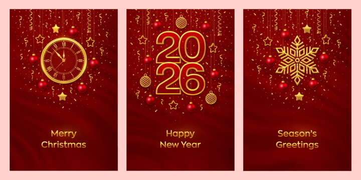 Christmas card set. Happy New Year 2026. Numbers 2026, gold snowflake, golden New Year midnight countdown clock. Eve for New Year. Hanging stars, ball baubles on red background. Vector illustration. - Powered by Adobe