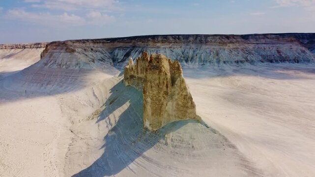 Mount Bozzhira, Mangystau. A bird's-eye view of the Ustyurt Plateau cliffs in Western Kazakhstan. Beautiful white cliffs in the vast white valley of the Mangystau region. Bozzhira Valleys. Dron.4K
