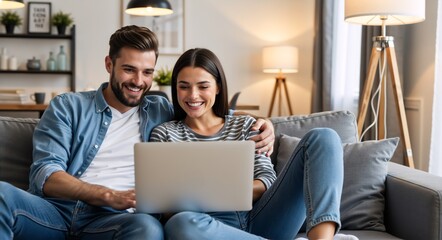 Happy young couple using a laptop together on the sofa at home. Smiling man and woman watching a movie online in their living room