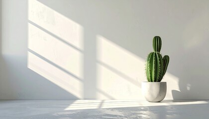 Single Green Cactus in a Concrete Pot Bathed in Soft Sunlight Casting Geometric Shadows on a White Textured Wall and Floor