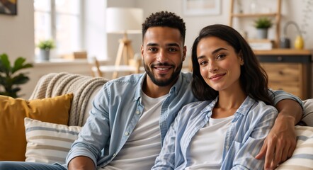 Happy young multiracial couple smiling at the camera on the sofa. Loving interracial partners relaxing together in their modern living room at home
