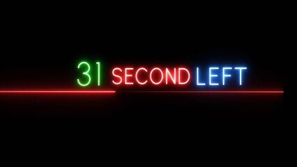 31 Second countdown timer illustration. Neon countdown number on black background. Neon counting timer number.