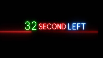 32 Second countdown timer illustration. Neon countdown number on black background. Neon counting timer number.