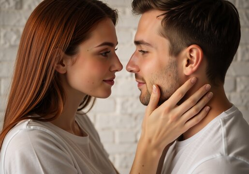 An affectionate young couple sharing an intimate moment. Close-up of a woman gently touching a man's face. Love and romance concept - Powered by Adobe